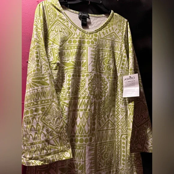 NWT Ashro Dress Size L Green White Long Sleeve Knee Length Garden Party Church - Picture 9 of 11